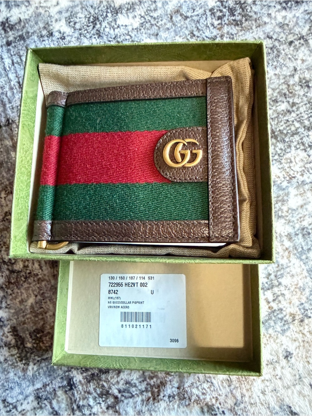 Gucci Brown Leather Money Clip and Card Case with Green and Red Web and Gold GG